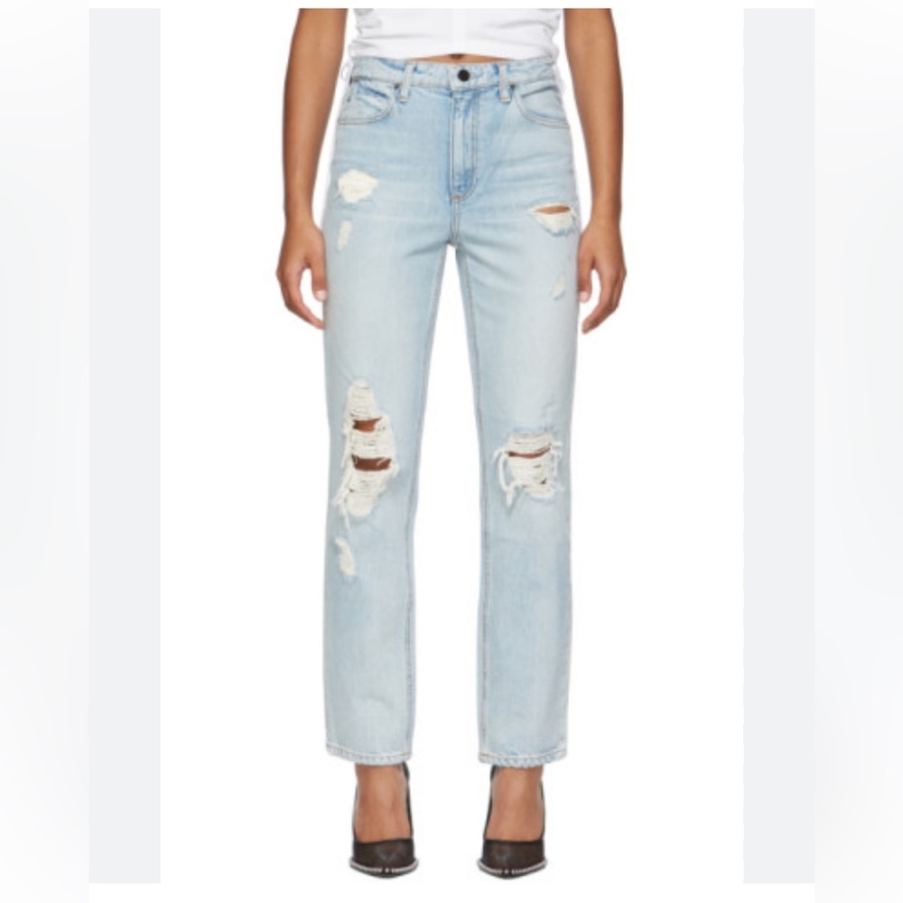 • Alexander Wang • Cult High Rise Straight Leg Jeans Light Blue Distressed 28
